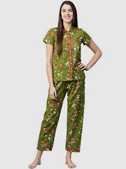 yash gallery green cotton floral print shirt pyjama set