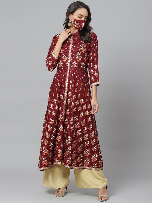 yash gallery maroon floral print flared kurta