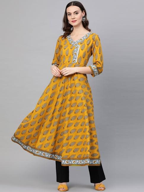 yash gallery mustard cotton printed flared kurta