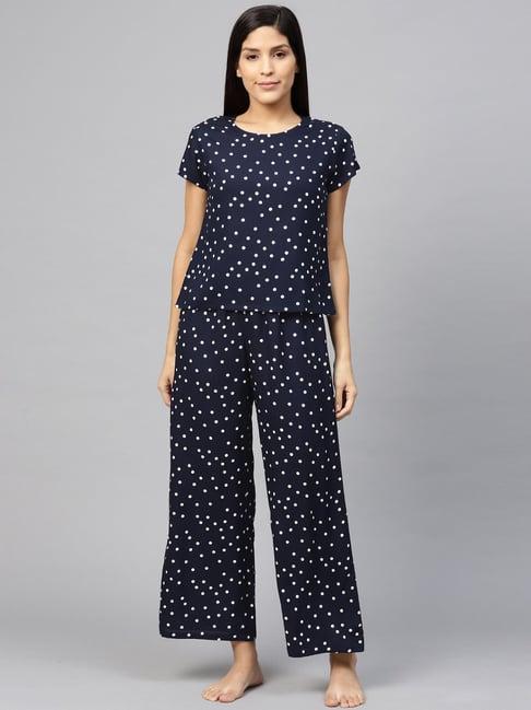 yash gallery navy polka dots top pyjama set