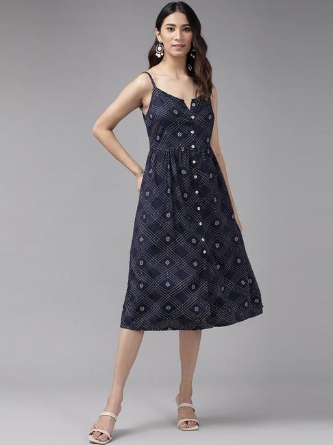 yash gallery navy printed a-line dress