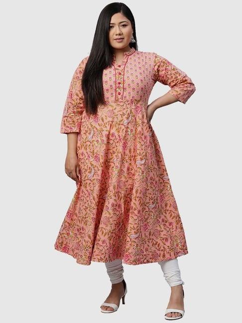 yash gallery peach cotton floral print flared kurta