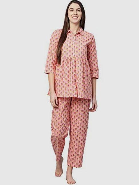 yash gallery peach cotton floral print top pyjama set