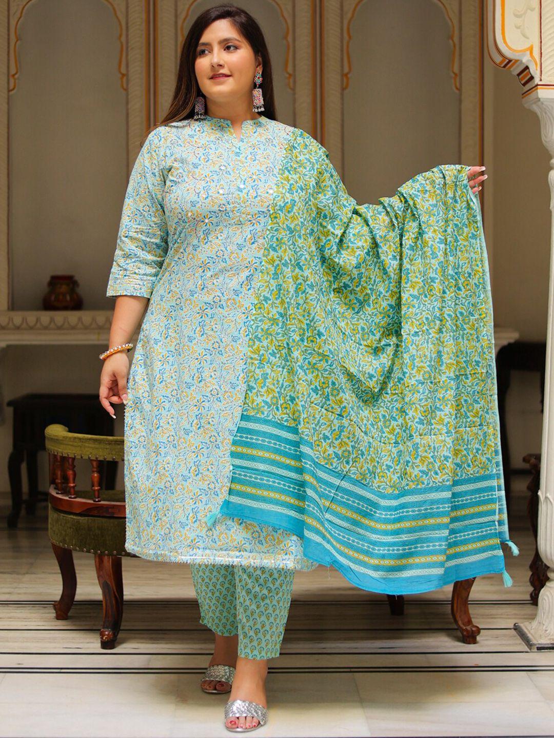 yash gallery plus size floral printed pure cotton kurta with trousers & dupatta