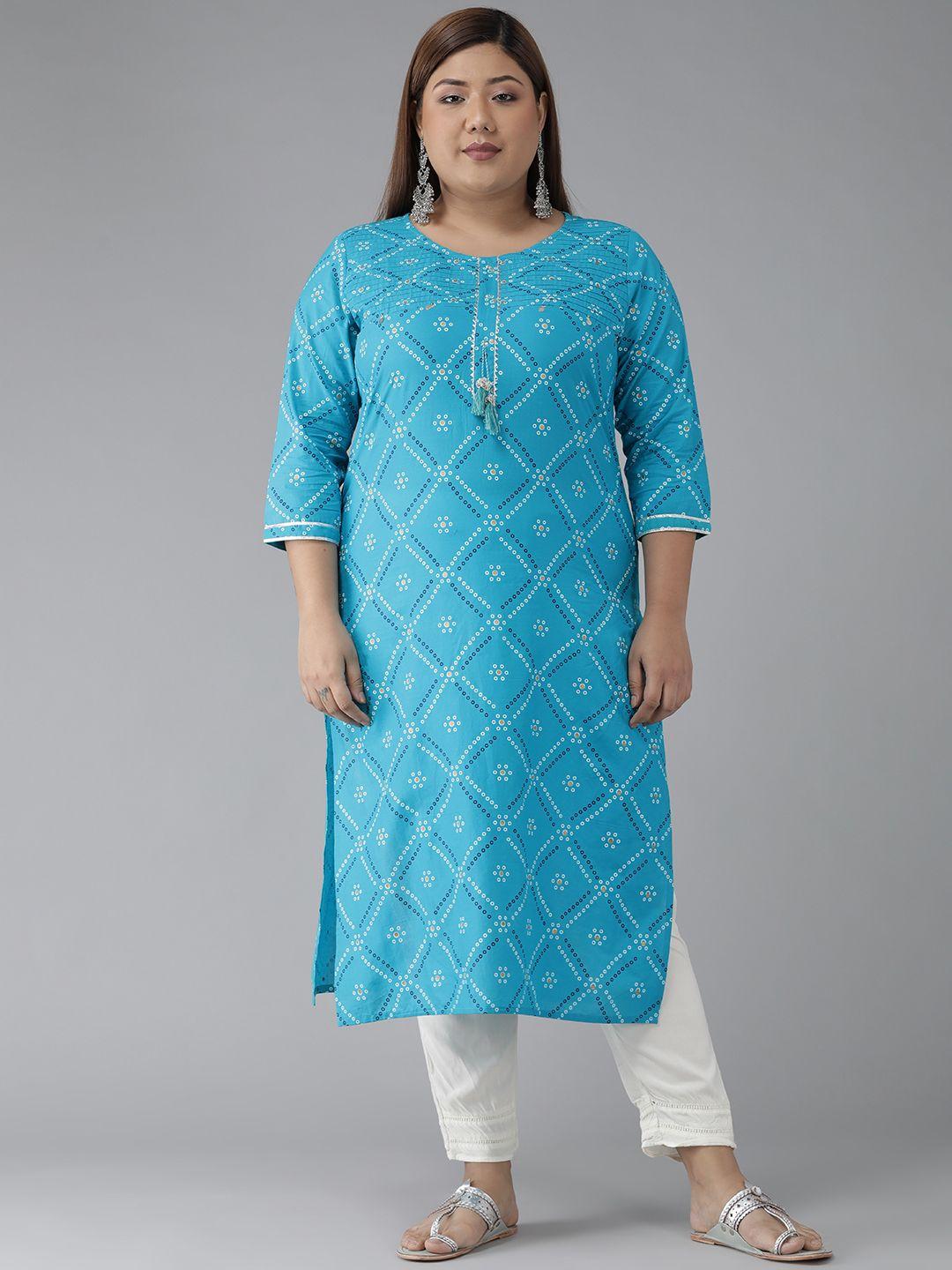 yash gallery plus size women blue & white bandhani printed gotta patti kurta