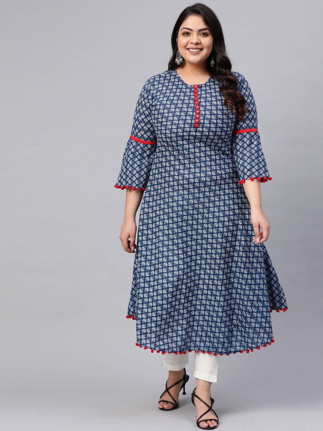 yash gallery plus size women blue & white printed a-line kurta