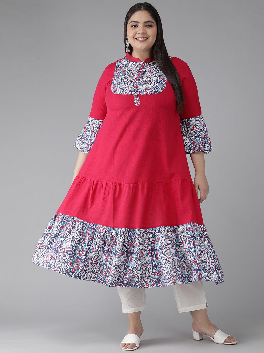 yash gallery plus size women coral pink & blue ethnic motifs printed bell sleeves kurta