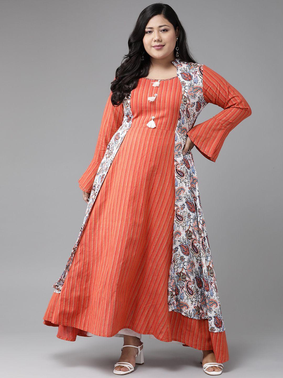 yash gallery plus size women coral red & white striped bell sleeves layered anarkali kurta