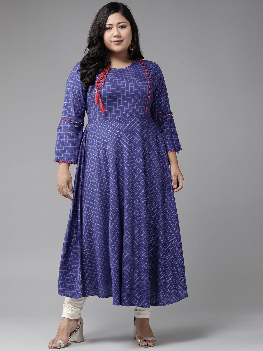 yash gallery plus size women navy blue & red checked bell sleeves a-line kurta