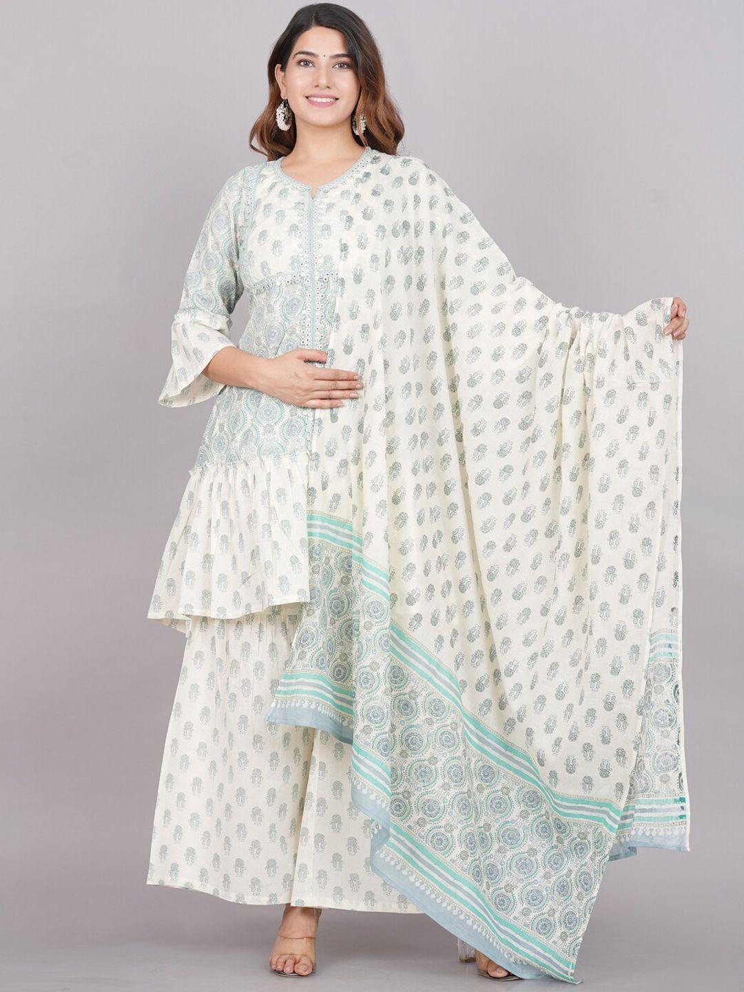 yash gallery printed notch neck pure cotton empire kurta with sharara & dupatta