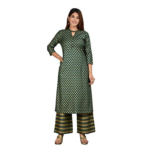 yash gallery rayon gold printed a-line kurtis set for women with palazzo pant (bottle green)