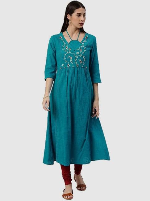 yash gallery teal blue cotton zari work a line kurta