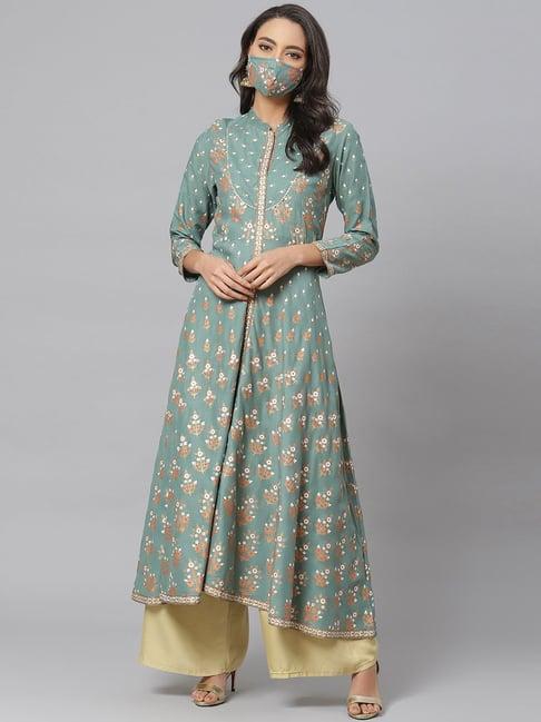 yash gallery turquoise floral print flared kurta