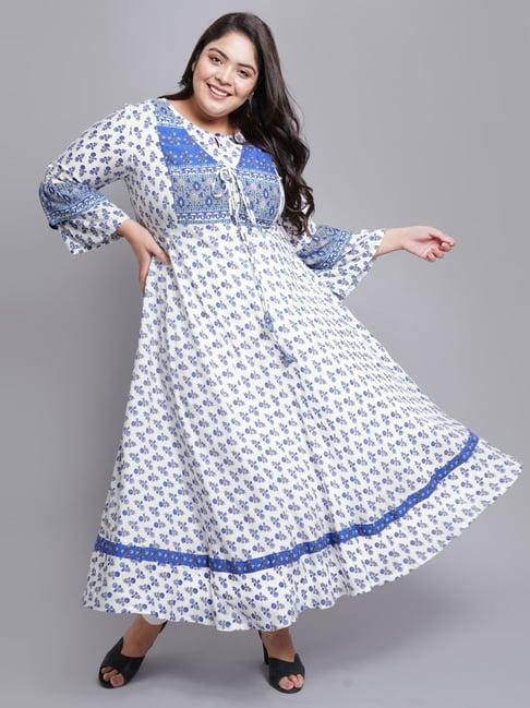 yash gallery white & blue floral print flared kurta