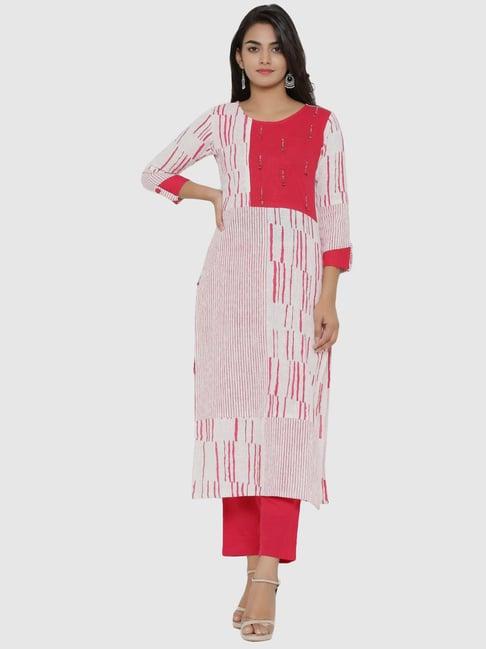 yash gallery white & pink printed straight kurta