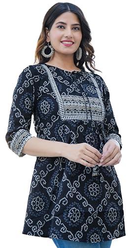 yash gallery women's cotton bandhej printed short kurti (1417ykblack, l, black)