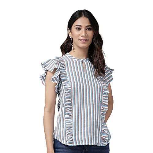 yash gallery women's cotton blend stripe printed regular fit straight top for women (1348ykmulti_multi_xx-large)