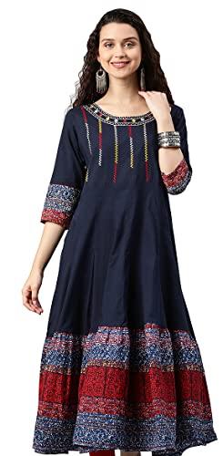 yash gallery women's cotton embroidered anarkali kurta for women (x-large, blue)