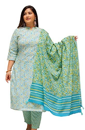 yash gallery women's cotton embroidered floral printed straight kurta with pant and dupatta(1431ykgreen_green_xx-large)