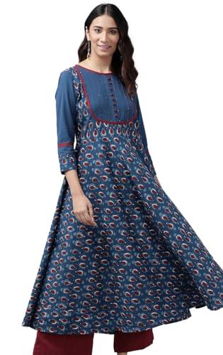 yash gallery women's cotton floral printed anarkali kurta for women (1330ykblue_blue_xx-large)