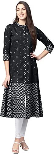 yash gallery women's cotton ikat print a-line kurta (black)