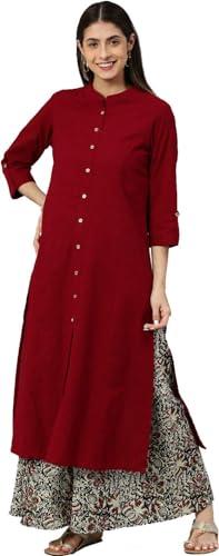 yash gallery women's cotton slub & cambric cotton solid & kalamkari printed straight kurta palazzo set for women (1127ykmaroon_maroon_medium)