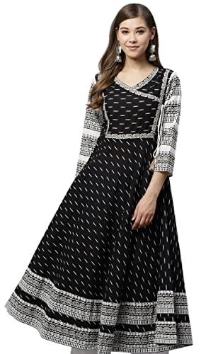 yash gallery women's cotton slub ikat printed flared kurta for women (1164ykblack_black_x-small)