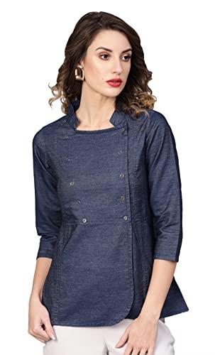 yash gallery women's denim solid regular fit straight top for women (2xl, blue)