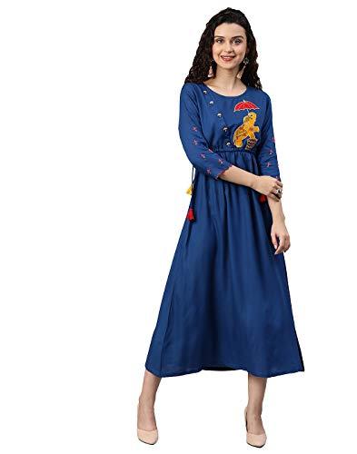 yash gallery women's dobby rayon embroidered a-line 3 sleeve flared dress (blue, medium)