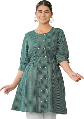 yash gallery women's kantha cotton stripes printed regular tunic (1562ykgreen, m, green)