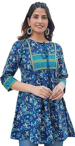 yash gallery women's polyester floral placement printed 3/4 sleeve keyhole neck short kurti (blue, s)