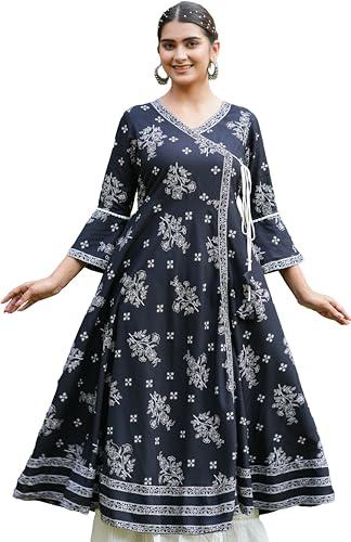 yash gallery women's rayon floral printed anarkali kurti (1536ykblack, s, black)