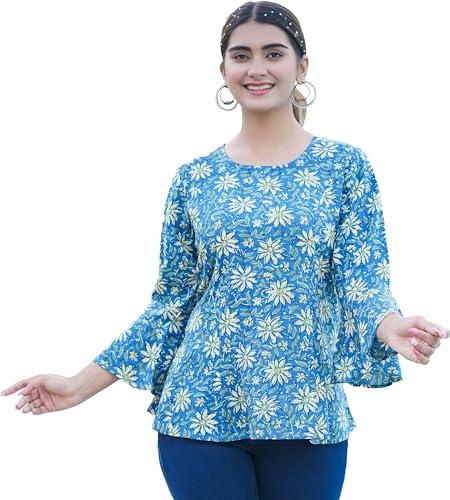 yash gallery women's rayon floral printed regular top (1584ykblue, xl, blue)