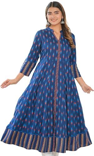 yash gallery women's rayon ikat printed anarkali kurta (1592ykblue, blue, xl)