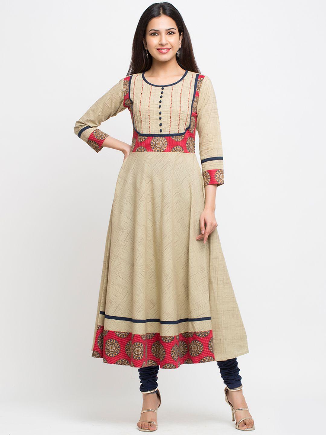 yash gallery women beige printed anarkali kurta