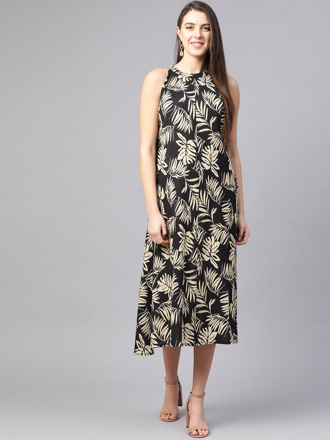 yash gallery women black & beige printed a-line dress