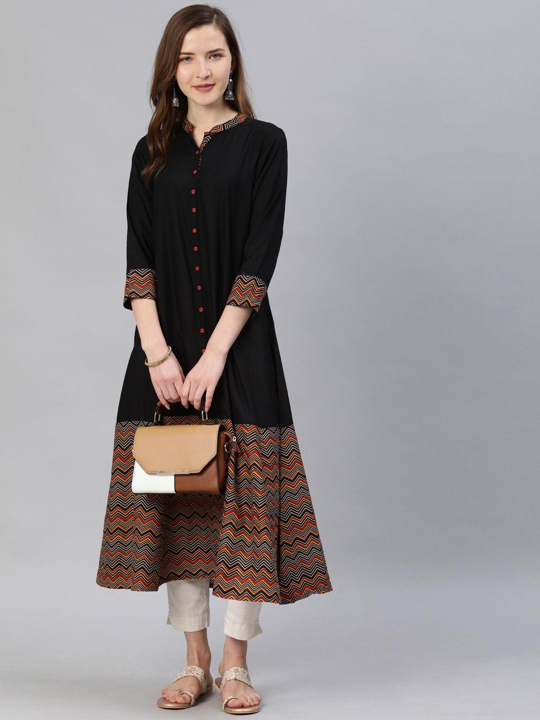 yash gallery women black & brown yoke design a-line kurta