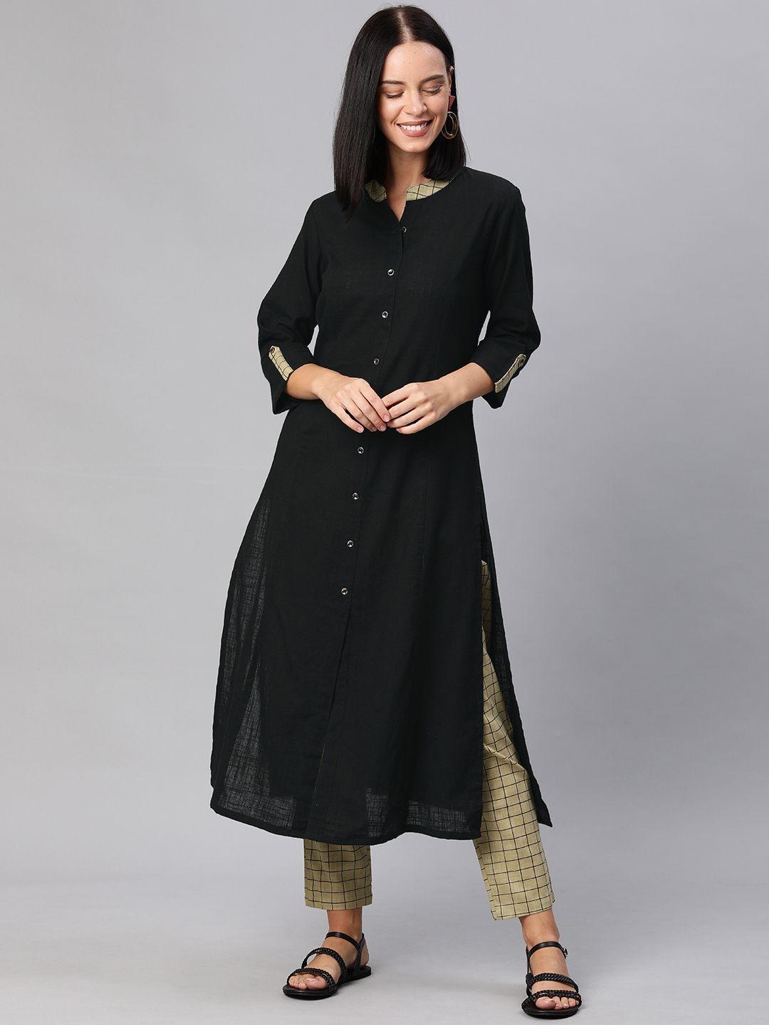 yash gallery women black & khaki solid kurta with trousers