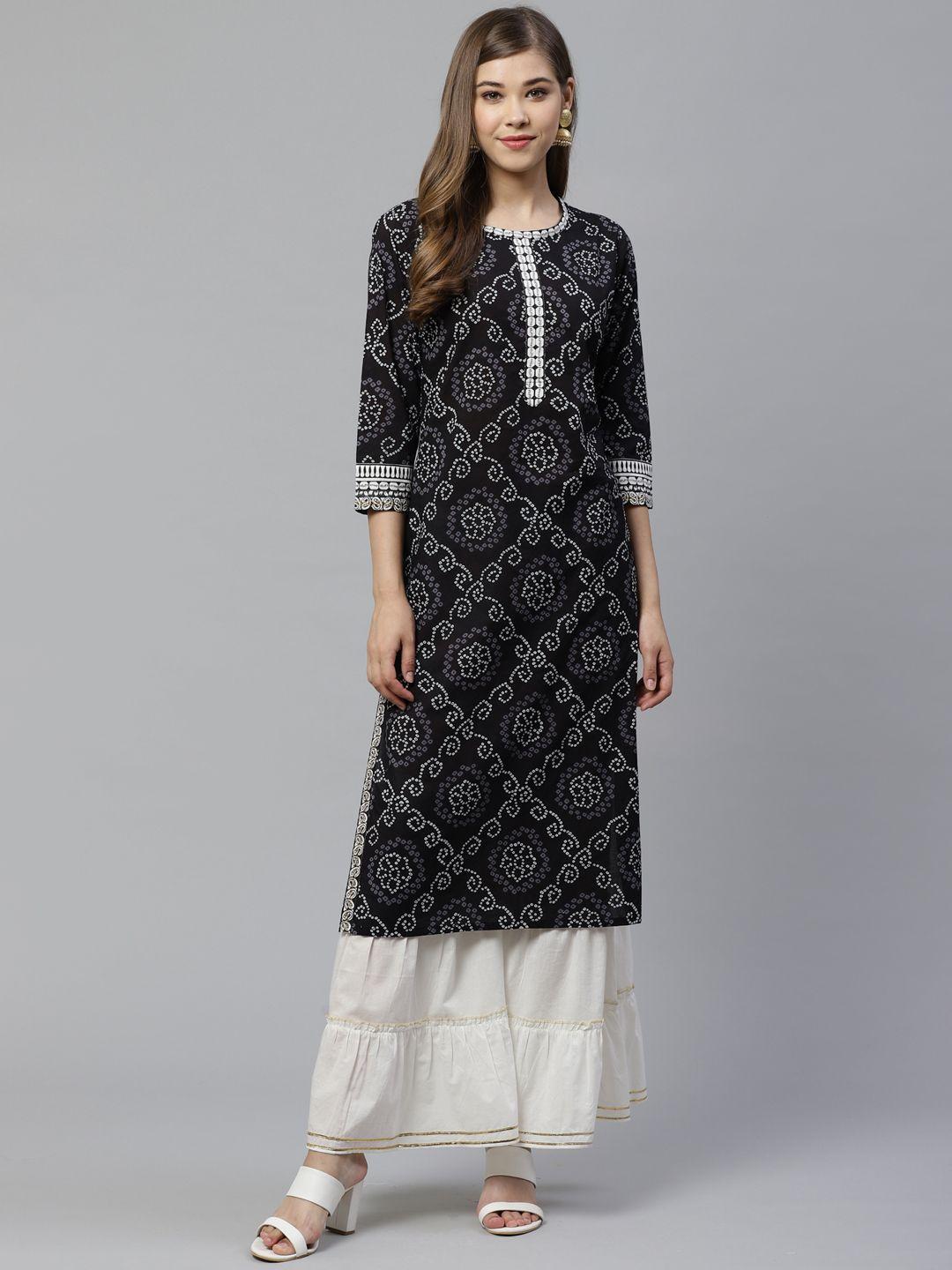 yash gallery women black & off-white bandhani print kurta with sharara