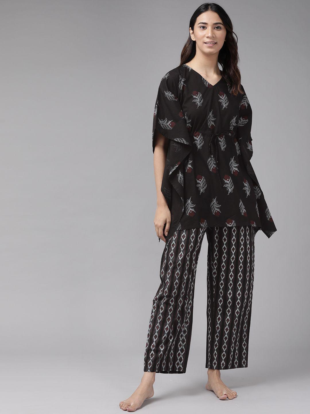 yash gallery women black & white ethnic motifs print pyjamas set