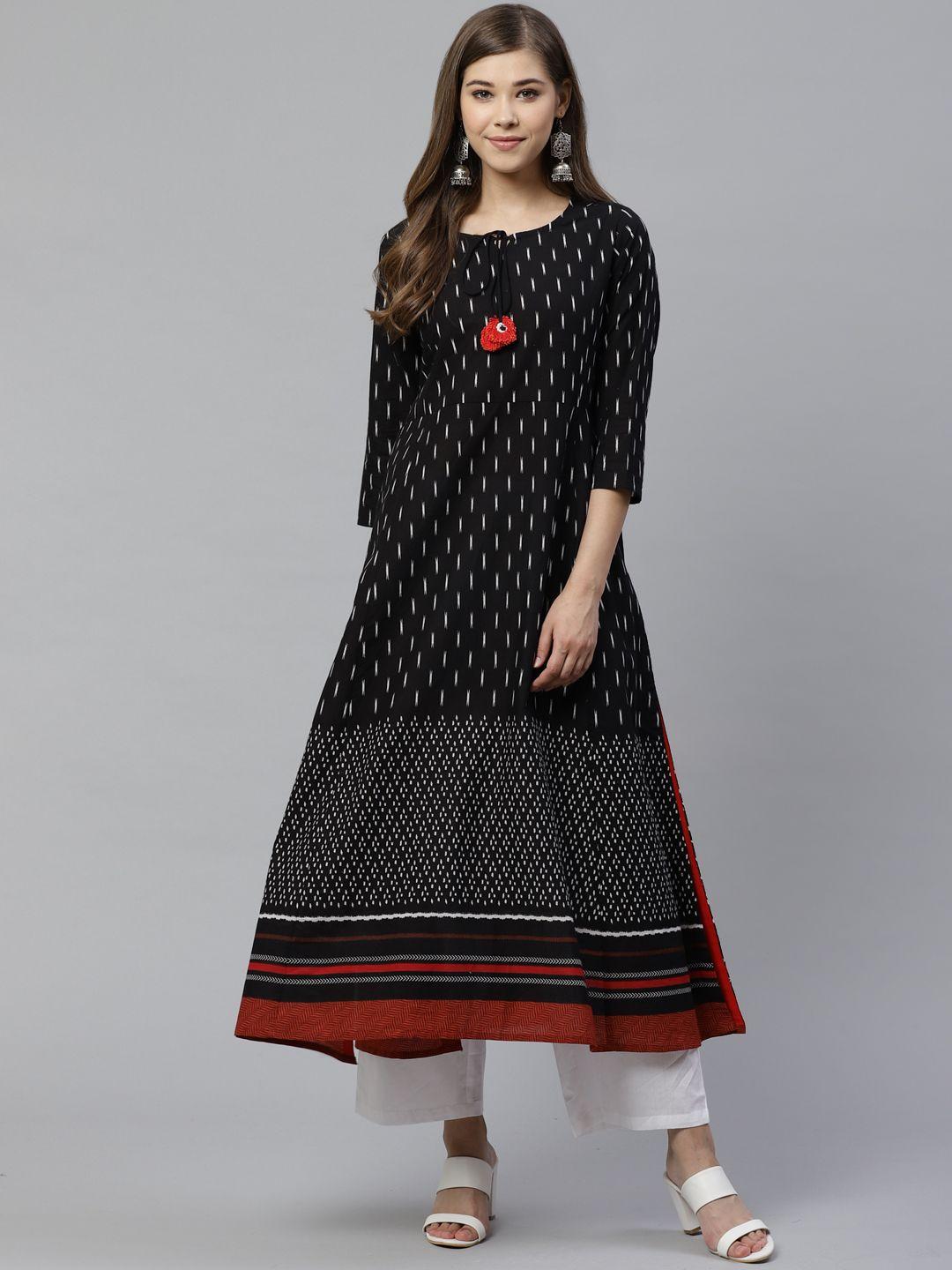 yash gallery women black & white printed a-line kurta