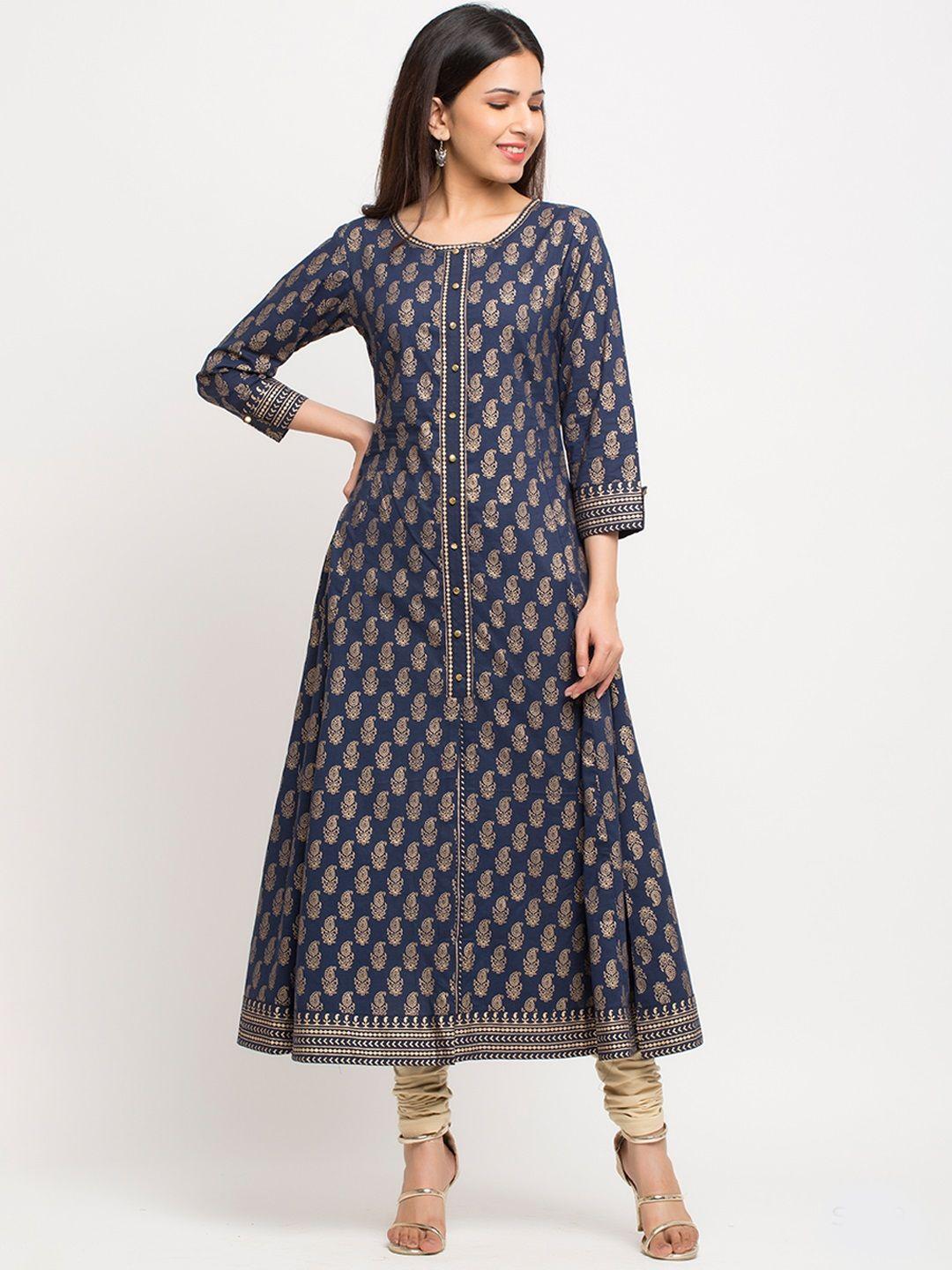 yash gallery women blue & gold-toned printed a-line kurta