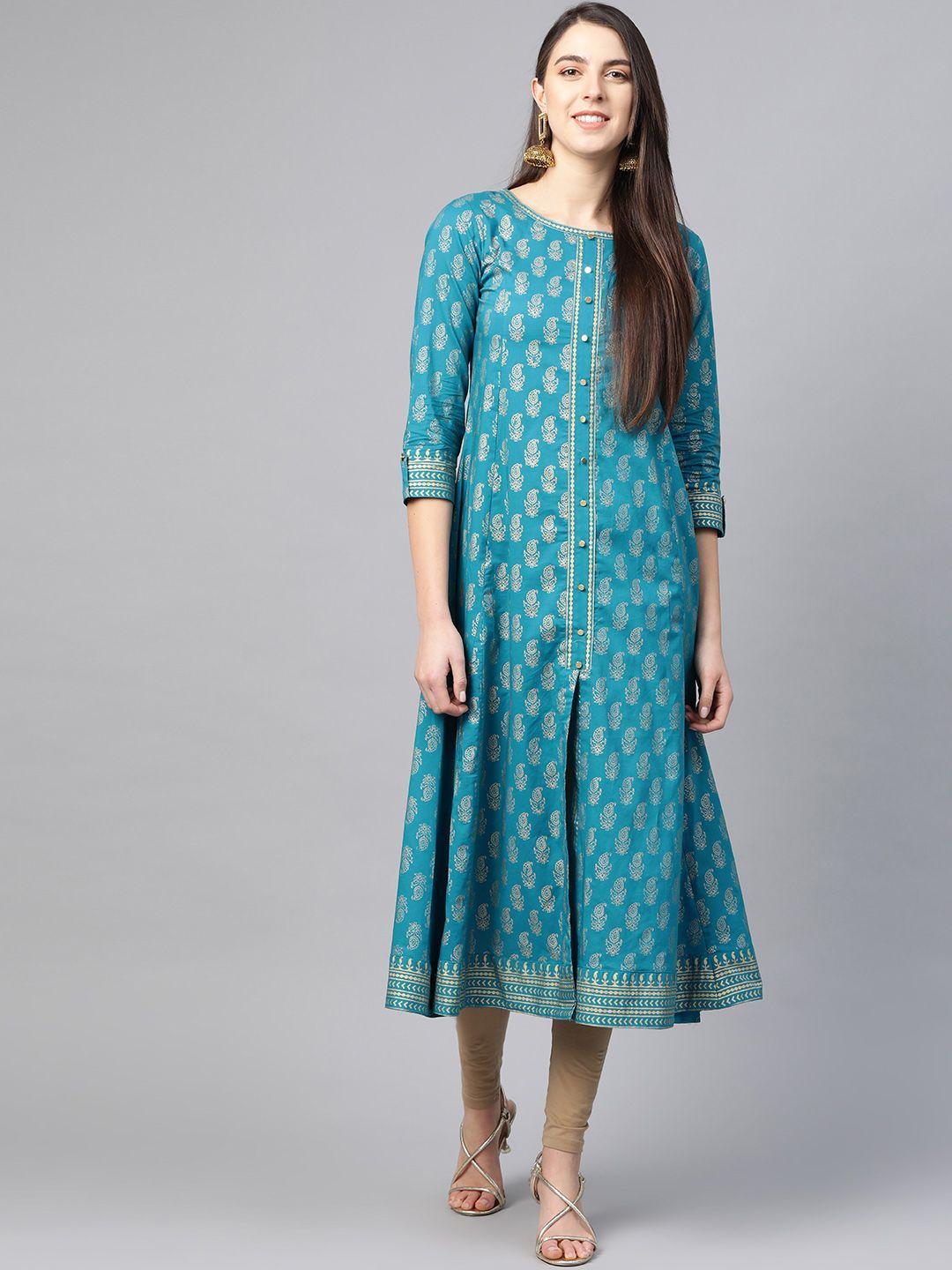 yash gallery women blue & golden printed cotton a-line kurta