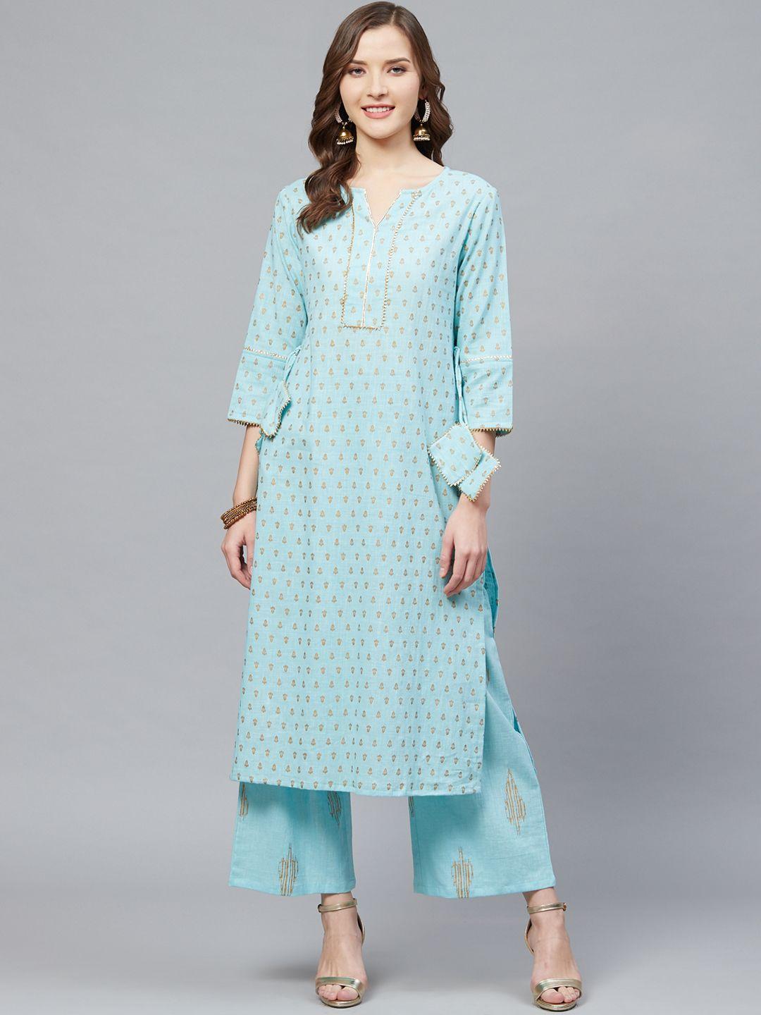 yash gallery women blue & golden printed kurta with palazzos