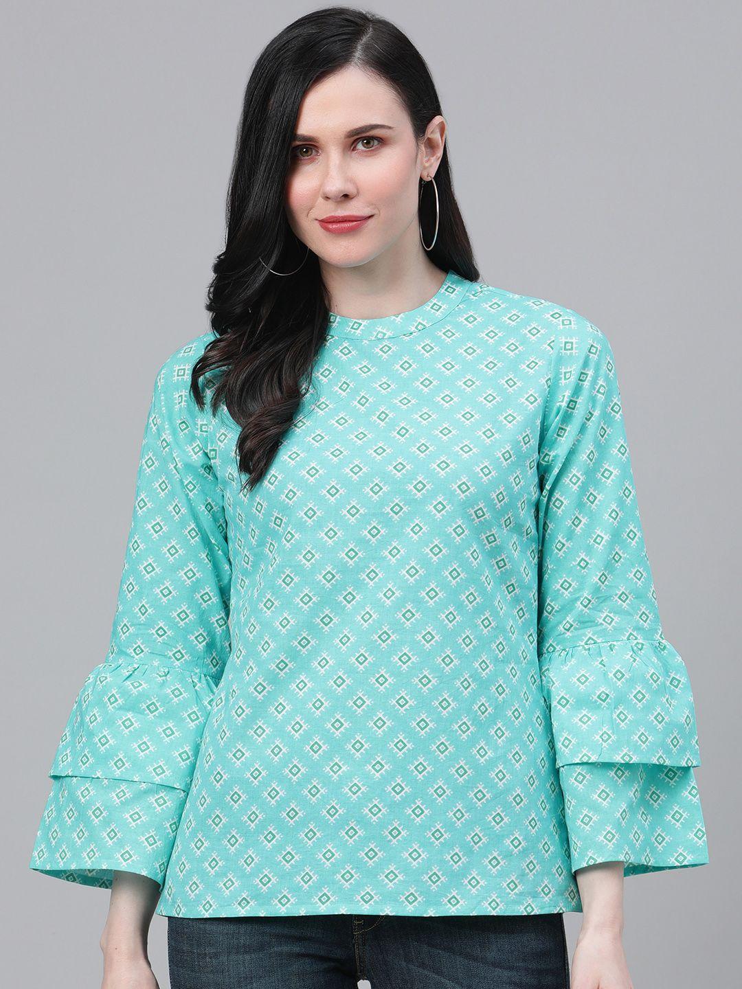 yash gallery women blue & green ethnic motifs print top with neck tie up detail at back