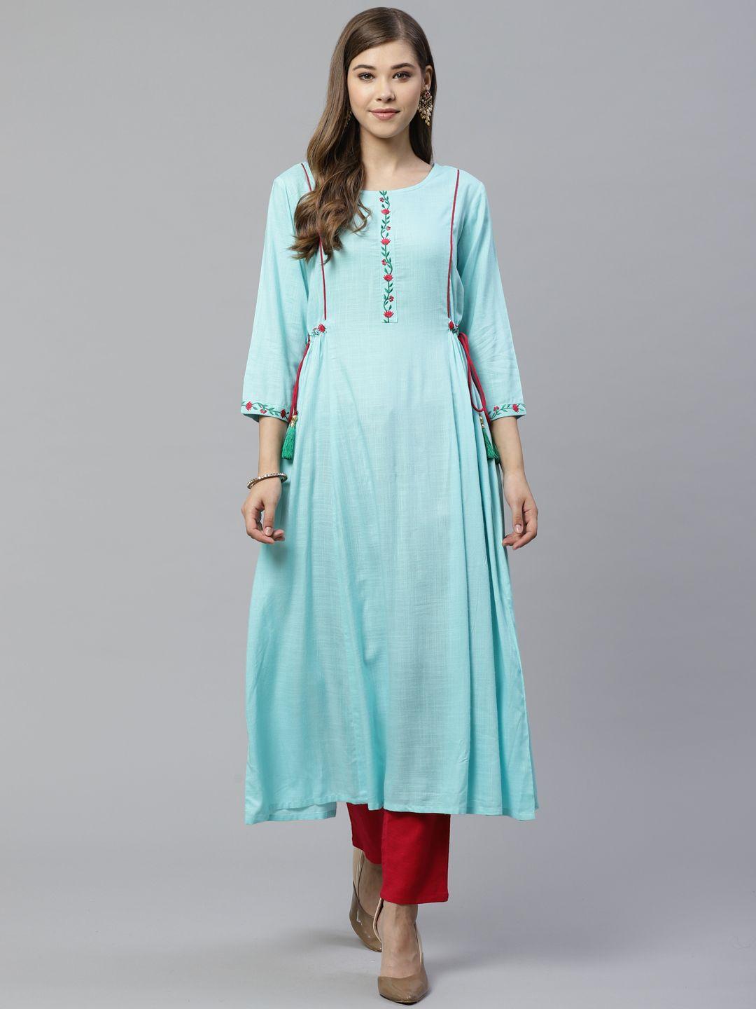 yash gallery women blue & pink solid kurta with trousers