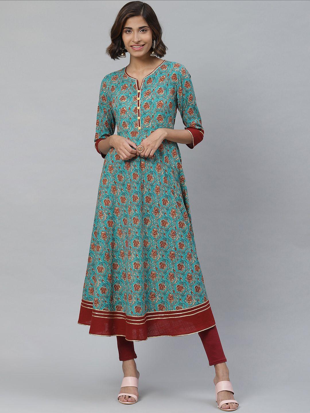 yash gallery women blue & rust orange printed anarkali kurta