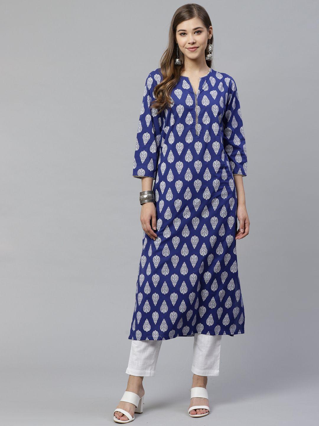 yash gallery women blue & white buta print kurta with trousers