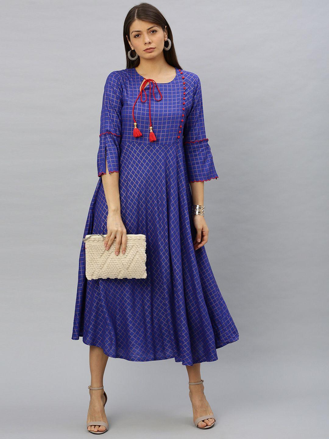 yash gallery women blue & yellow checked fit and flare dress