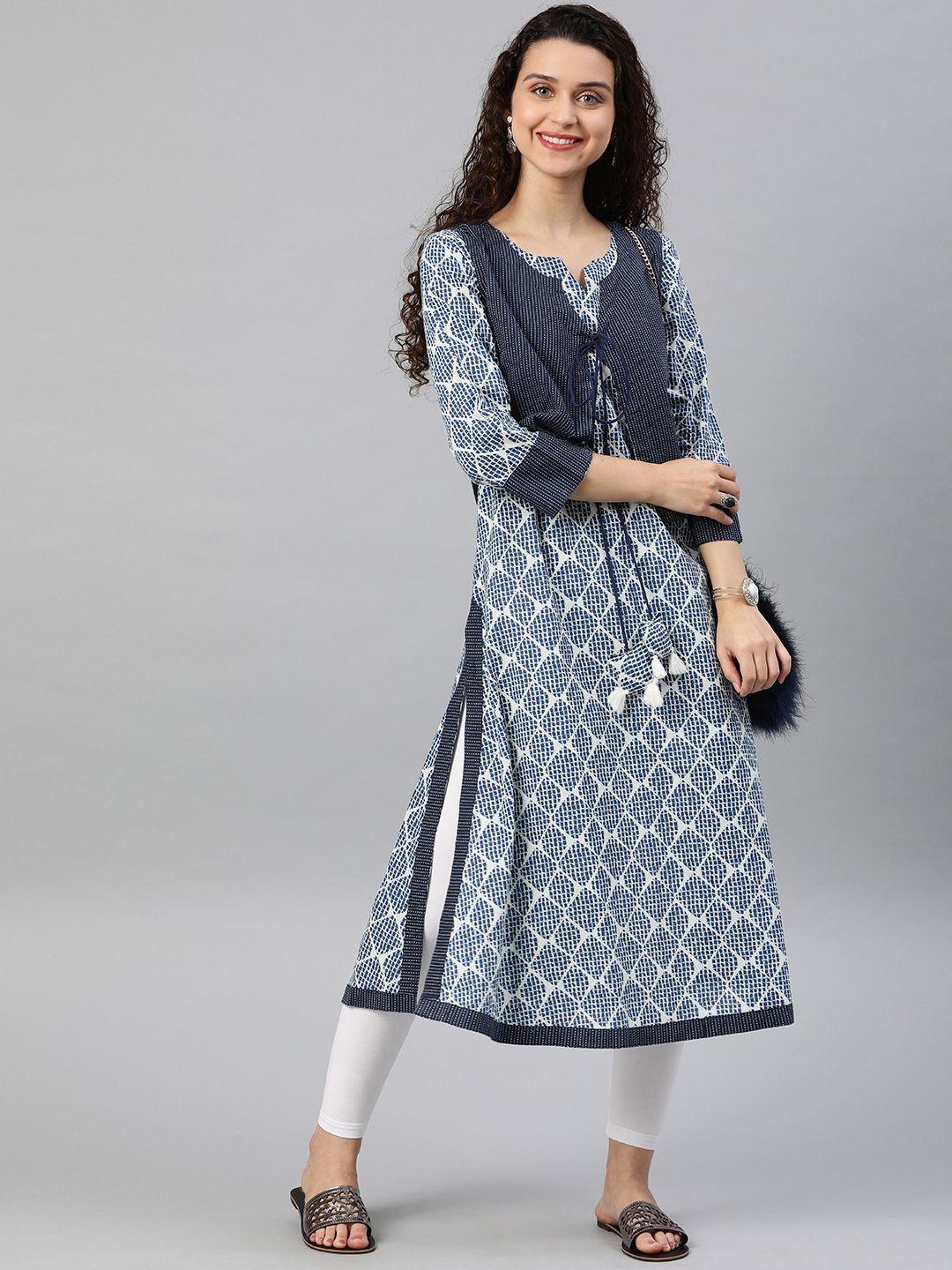 yash gallery women blue printed straight kurta with ethnic jacket